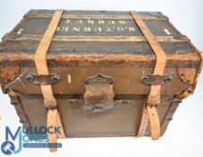 Leather edged Travelling Shipping Trunk c1900, with 4 fitted drawers, bears a label for J Foot & Son