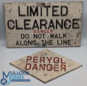 Two Metal Railway Dangers Signs, a Welsh Perygl Danger triangle sign and limited clearance danger do