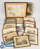 Collection of antique engraving prints, pictures, with a coloured photograph of a child - in