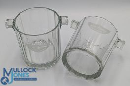 Pair Petite Liquorelle Moet & Chandon Glass Ice Buckets with glass handles to top sides, stands