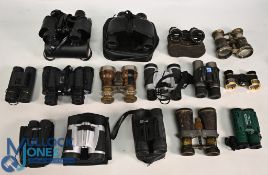 Selection of Binoculars to include early French examples, Pathescope 8x30, Miranda 8x32, Praktica