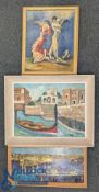 3x Vintage Paintings by Amateur Artist M Daniles, of Venice, Spanish Dancers and a shipping scene,