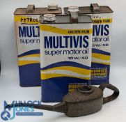 Three Morris Oil Cans, two empty cans, one part filled, all have no bar codes to them plus a