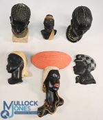 Mid-Century African Wall Mask Plaques and Busts Lady carrying a bowl on her head together with busts