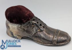 Hallmarked Silver Pin Cushion in the shape of a Mans Shoe Birmingham Letter l 1910 having wooden