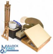 Large collection of Artist painting equipment accessories, with brushed, easel, paint tins,