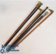 Selection of Walking Sticks Four Having Brass tops featuring Eagle head, Horses head together with