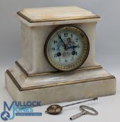c1880 French Mantle Clock: marble cased with a French movement, with gilded accents, featuring a