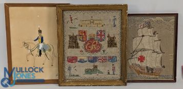 2x Period Embroidery Needlework Sampler Painting Pictures: Embroidery of a British Navy sailing