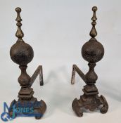 Pair Antique Fire Dogs, with brass finials - size 53cm tall