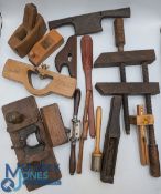 Period wood working tools, planes spoke shaves, a good Millers Fall curved base spoke shave router