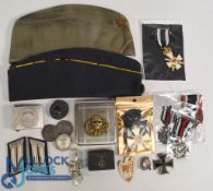 Selection of German Military Badges, Medals and hats Side Hats, Belt Buckle, Iron Cross 1st Class,