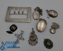 Selection of Silver Jewellery To include Belt Buckle, 3 Lockets on Chains, Cross, 2 Filagree