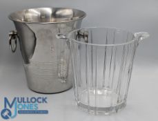 Large stainless steel French Champagne Bucket 21cm tall - with a glass ice bucket 19cm, both in good