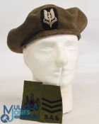 Military SAS Beret Special Air Service having cloth carp badge together with 2 shoulder titles