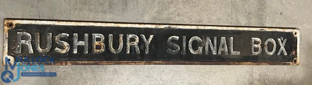 Cast Iron Rushbury Signal Box Railway Sign, a scarce Shropshire GWR sign in original condition