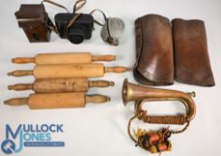 Selection of Collectables consisting of Wooden Rolling Pins, Brass Bugle, Zorki 4 Camera, Lubitel