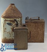 Three Vintage Petrol Oil Paraffin Cans, a Shell petrol can with Mex brass cap (rust holes to base)