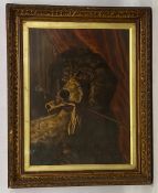 Antique Dog Oil Painting, an amateur artist with indistinct signature painted on canvas, a dog