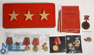 Russian Military Selections of medals and badges together with reproduction 3 Star General Car