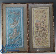 2x Oriental Silk Sewn Embroidery Panels - dragon boat races and dancing figures in carved bamboo