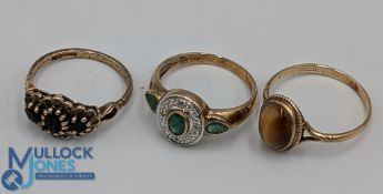 9ct Gold Ladies Rings To include Tigers Eye Ring, Green Agate Ring and a Cluster Ring total weight