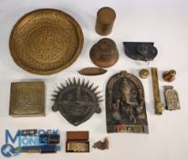 Brass and Copperware Bell Caddie, Ink & Quill Case, Heavy Indian Elephant Plaque, Tribal Wall