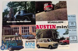 Four Vintage Austin Mini Brochures Catalogues, Austin Mini Mk II 1969 and price list, Morris Mini Mk