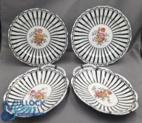 4x Scarce Coalport Art Deco blue and white striped cabinet plates, 2 round 23cm fluted edge with