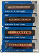 4x Dapol N Gauge Railway Train Set Coaches Maunsell BR 1st & 3rd class crimson and cream collet