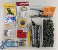 Miniature Metal 8mmWargaming Figures together with various tools in plastic divided storage box
