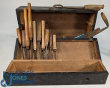 Period wood workers toolbox - case with a selection of turning chisels, spoke shave tools inside
