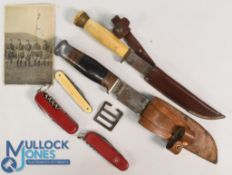 Scouting Knives Wade & Butcher in leather scabbard together with another and some pen knives,