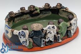 Vintage Japanese Sumida Gawa Pottery Bowl, c1900 with 10 figures around its edge - one small chip