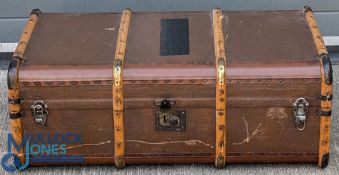 Large wooden banded Shipping Trunk, with good leather handles and inner tray - no keys, size #92cm x