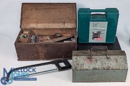 Tool Collection, a wooden chest with assorted tools, a metal toolbox, a plastic case of used tools