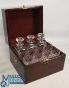 Presentation Decanter and Glass Box Mahogany box with brass handles containing 3 Decanters and 4