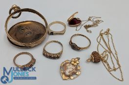 Selection of Gold Rings and Necklaces to include: 9ct Heart Pendent and chain 1.8g, 9ct Cameo