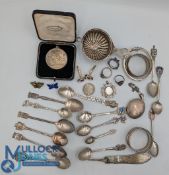Selection of Silver Items incl Napkin Rings, Bracelet, Spoons, Sporting Medallion, Brooches, Cuffl