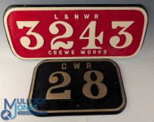 2x Modern Wooden Locomotive Name Plate Signs Cabside Plates, a GWR 28 sign and L & NWR 3243 Crew
