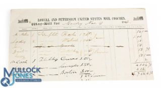 Early Mail Coach Waybill, Lowell and Petersham United States Mail Coaches 1843. Listing passengers