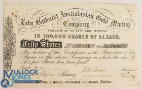 Australian Gold Rush Period: Lake Bathurst Australian Gold Mining Company circa 1850 Certificate for