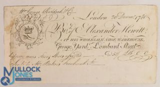 Early 18th century Billhead bought of Alexander Hewott as his wholesale shoe warehouse, George Yard,