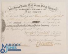 Australasian Pacific Mail Steam Packet Company £20 Share Certificate No. 727 dated 12th October