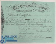 Cornwall Railway Share Certificate for one £50 share 1846, made out to a holder in Swansea. Ornate