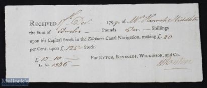 Ellesmere Canal 1799 - Call certificate for payment on £125 Stock in the canal company. Black