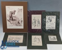 6x Period Golf Illustrations, Cartoons and Advert, all mounted ready to frame, assorted sizes