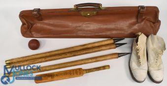Cricket - an old Cricket Bag with three stumps, a pair of leather shoes, a ball and a small