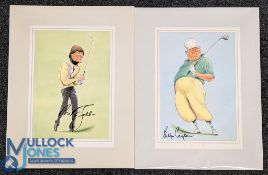 2x signed Golf Caricatures of Nick Faldo and Billy Casper, by artist Ireland - both mounted ready to