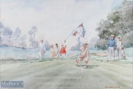 Douglas E West colour golf print of Golfers, Caddies and Lady on the Tee - image 15x 21.5